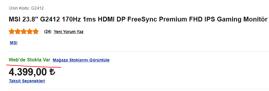 MSI 23.8 G2412 170Hz 1ms HDMI DP FreeSync Premium FHD IPS Gaming Monitör