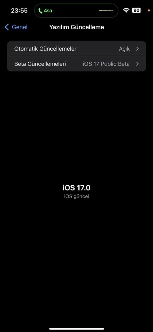 Bir şunu diyen bir yazı '23:55 4sa Genel Yazılım Güncelleme Otomatik Güncellemeler Beta Güncellemeleri Açık iOS 17 Public Beta iOS .OS17.0 OS güncel' görseli olabilir