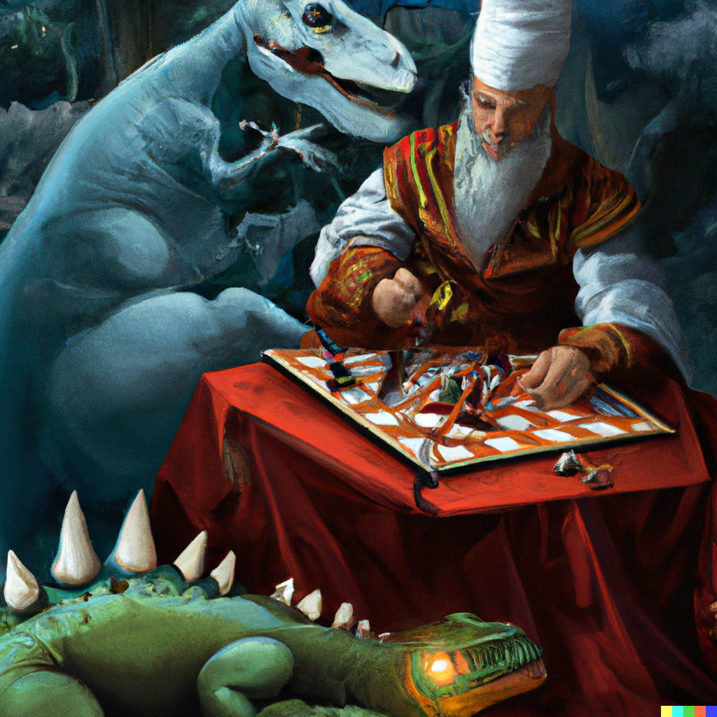 DALL·E 2022-06-19 22.59.55 - ottoman sultan playing chess with a dinosaur, digital art.png