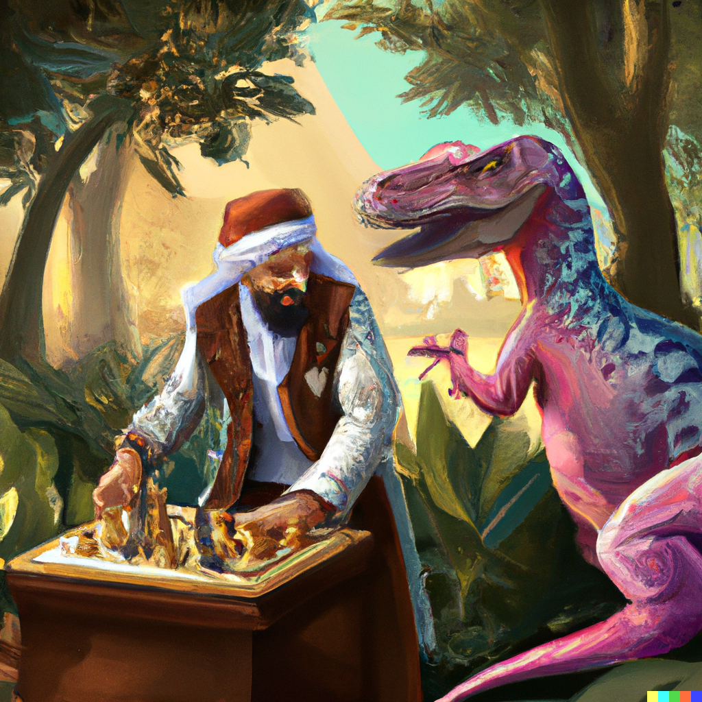 DALL·E 2022-06-19 23.00.04 - ottoman sultan playing chess with a dinosaur, digital art.png