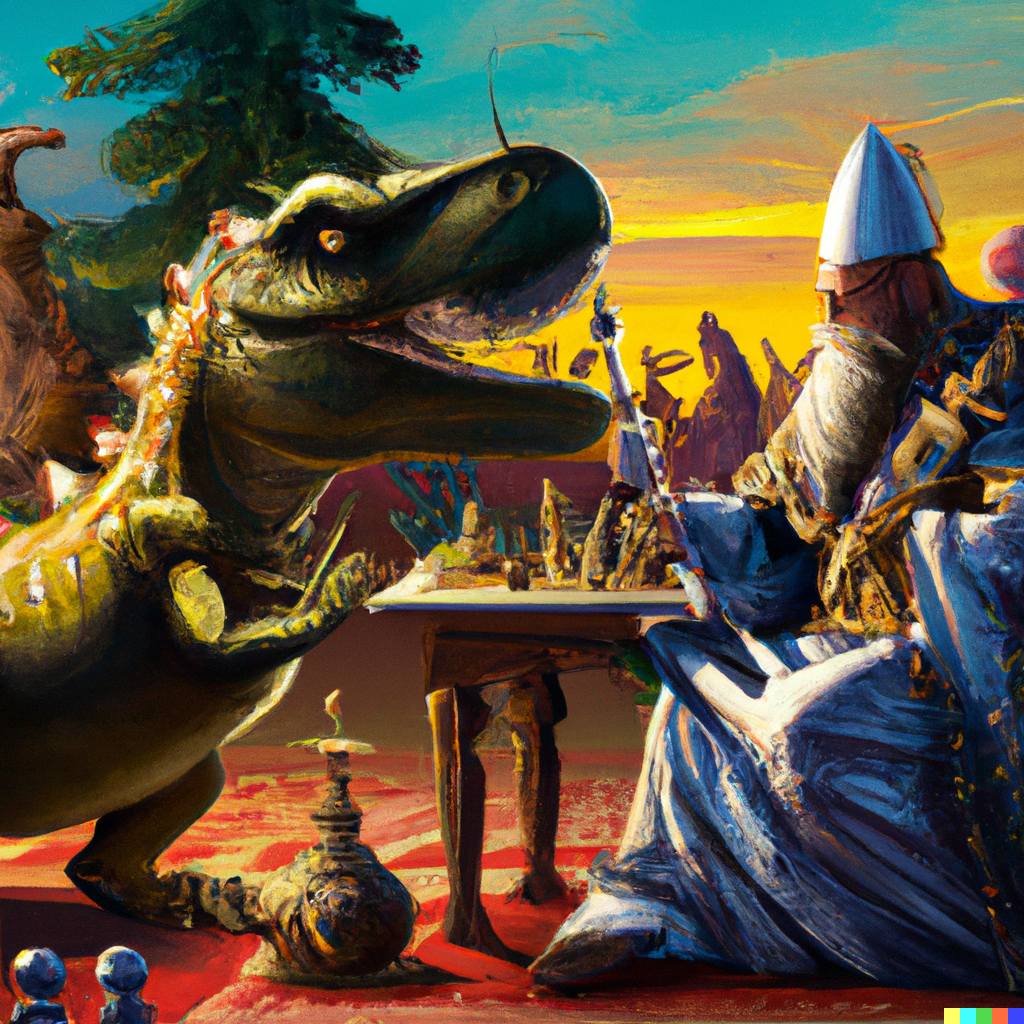 DALL·E 2022-06-19 23.00.09 - ottoman sultan playing chess with a dinosaur, digital art.png