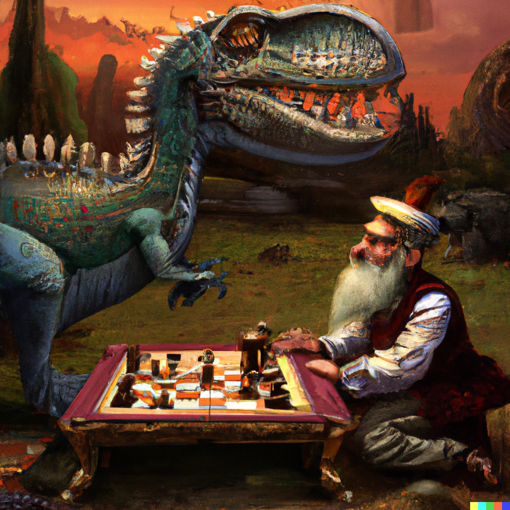 DALL·E 2022-06-19 23.00.13 - ottoman sultan playing chess with a dinosaur, digital art.png