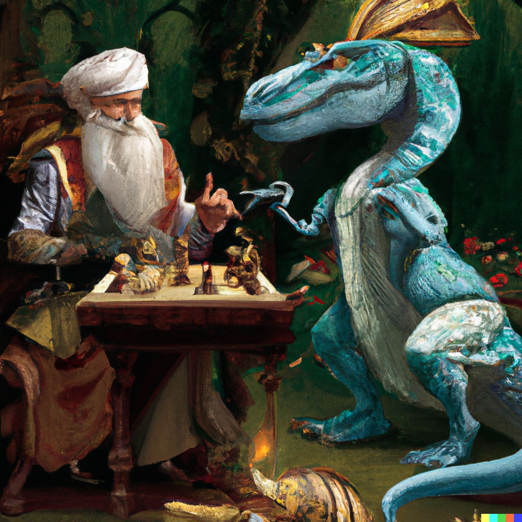 DALL·E 2022-06-19 23.00.18 - ottoman sultan playing chess with a dinosaur, digital art.png