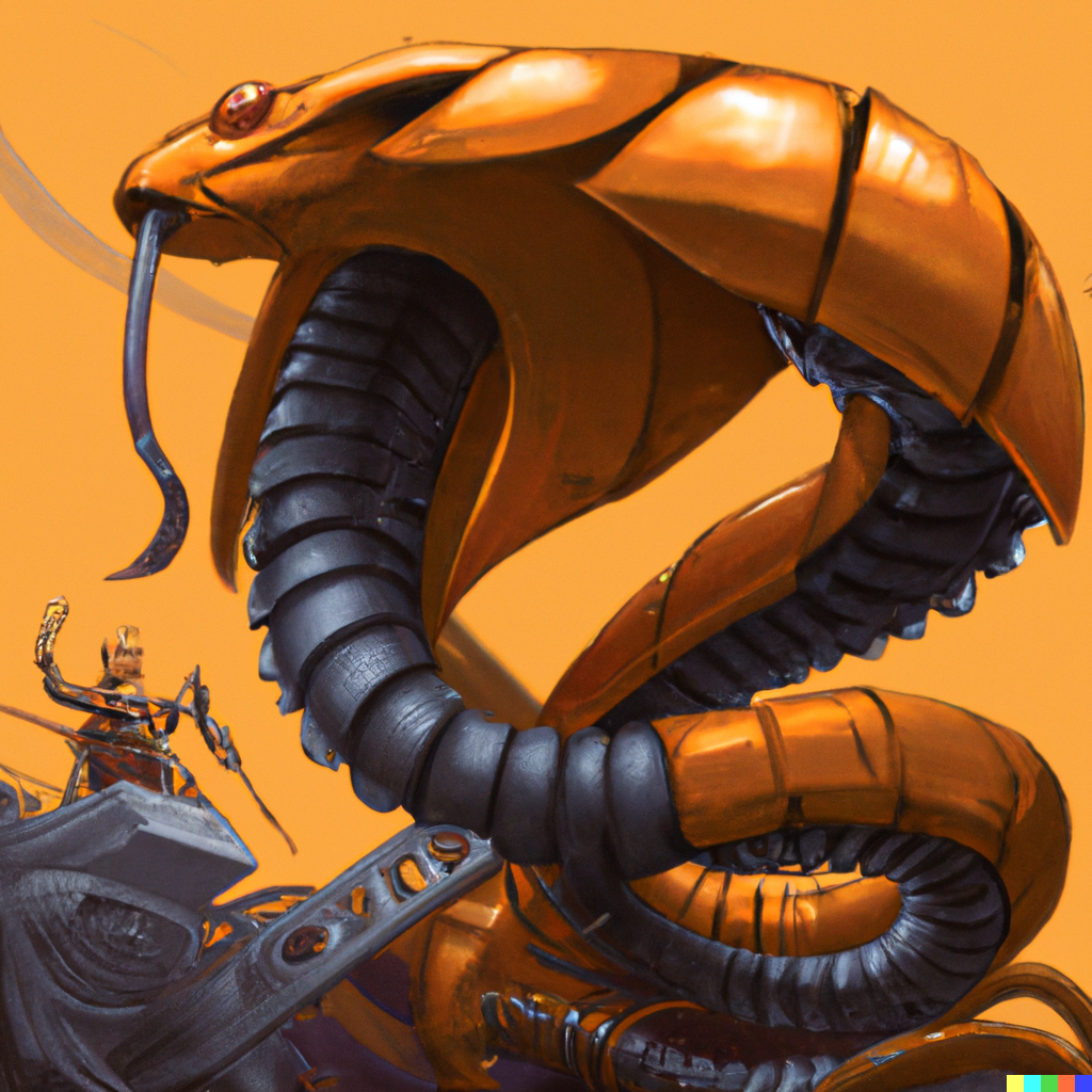 DALL·E 2022-06-19 23.08.57 - a orange king cobra, riding a giant mecha, digital art.png