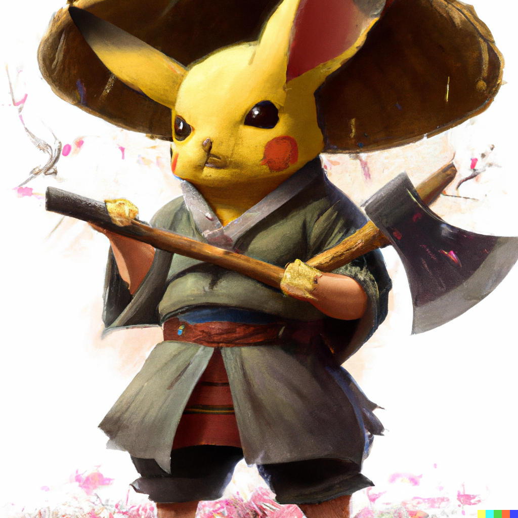 DALL·E 2022-06-19 23.14.31 - pikachu wearing a Asian conical hat, holding a magical axe, digit...png