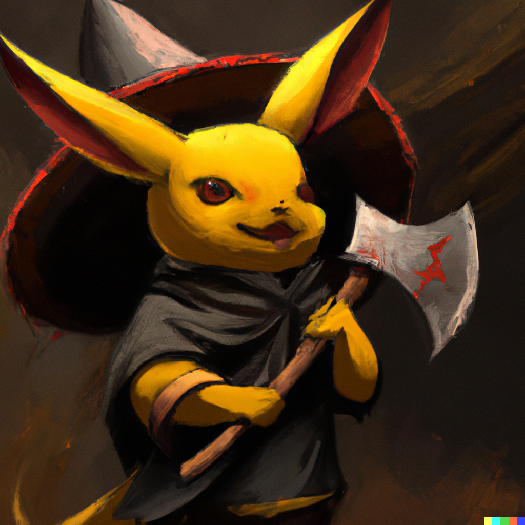 DALL·E 2022-06-19 23.15.35 - evil pikachu wearing a Asian conical hat, holding a magical axe, ...png