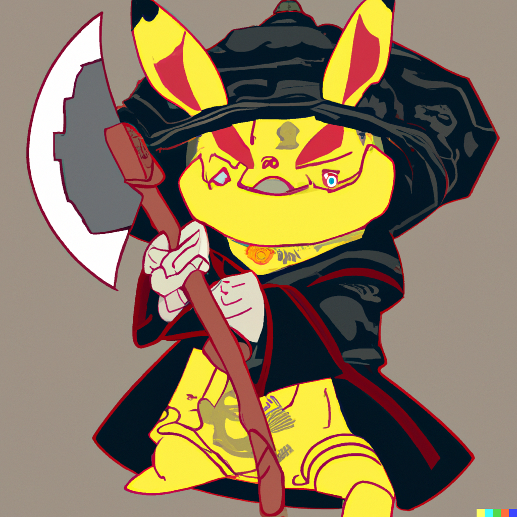 DALL·E 2022-06-19 23.16.38 - evil pikachu wearing a Asian conical hat, holding a magical axe, ...png