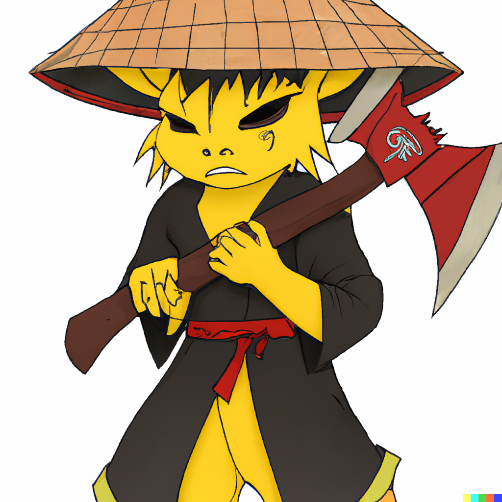 DALL·E 2022-06-19 23.17.21 - evil pikachu wearing a Asian conical hat, holding an axe, anime.png