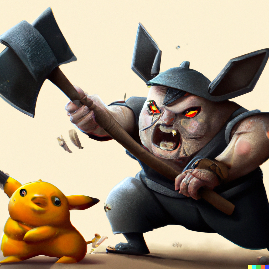 DALL·E 2022-06-19 23.19.48 - evil pikachu with a axe, fighting a golem, digital art.png