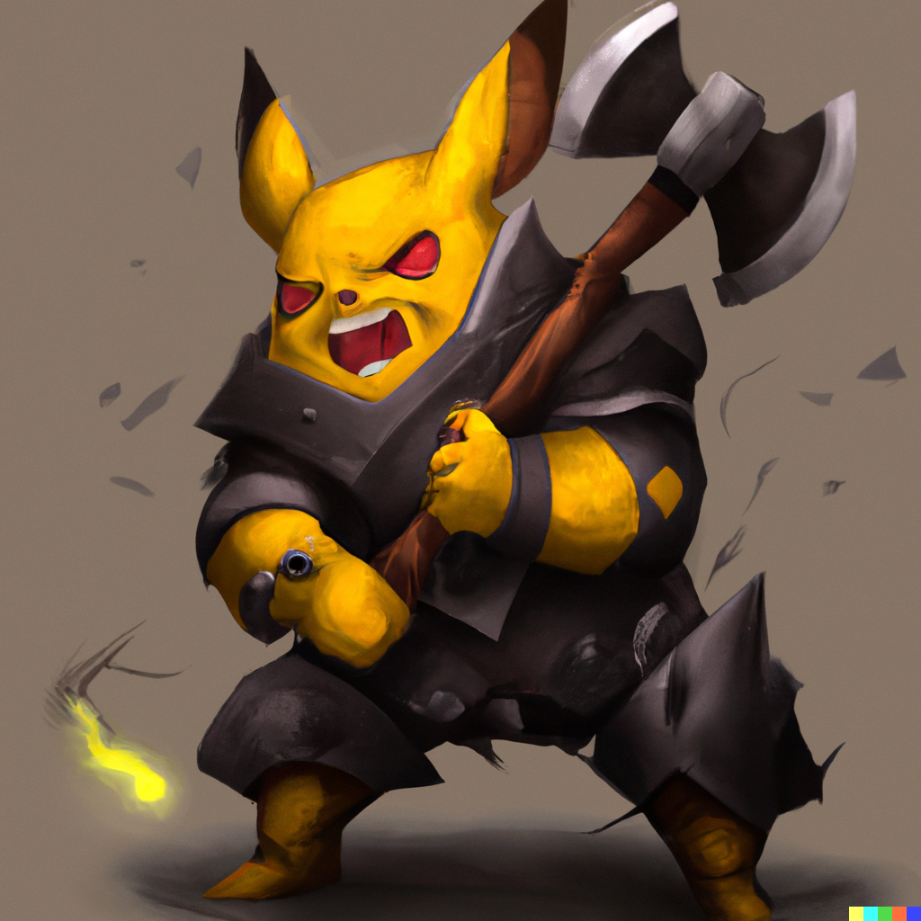 DALL·E 2022-06-19 23.19.56 - evil pikachu with a axe, fighting a golem, digital art.png