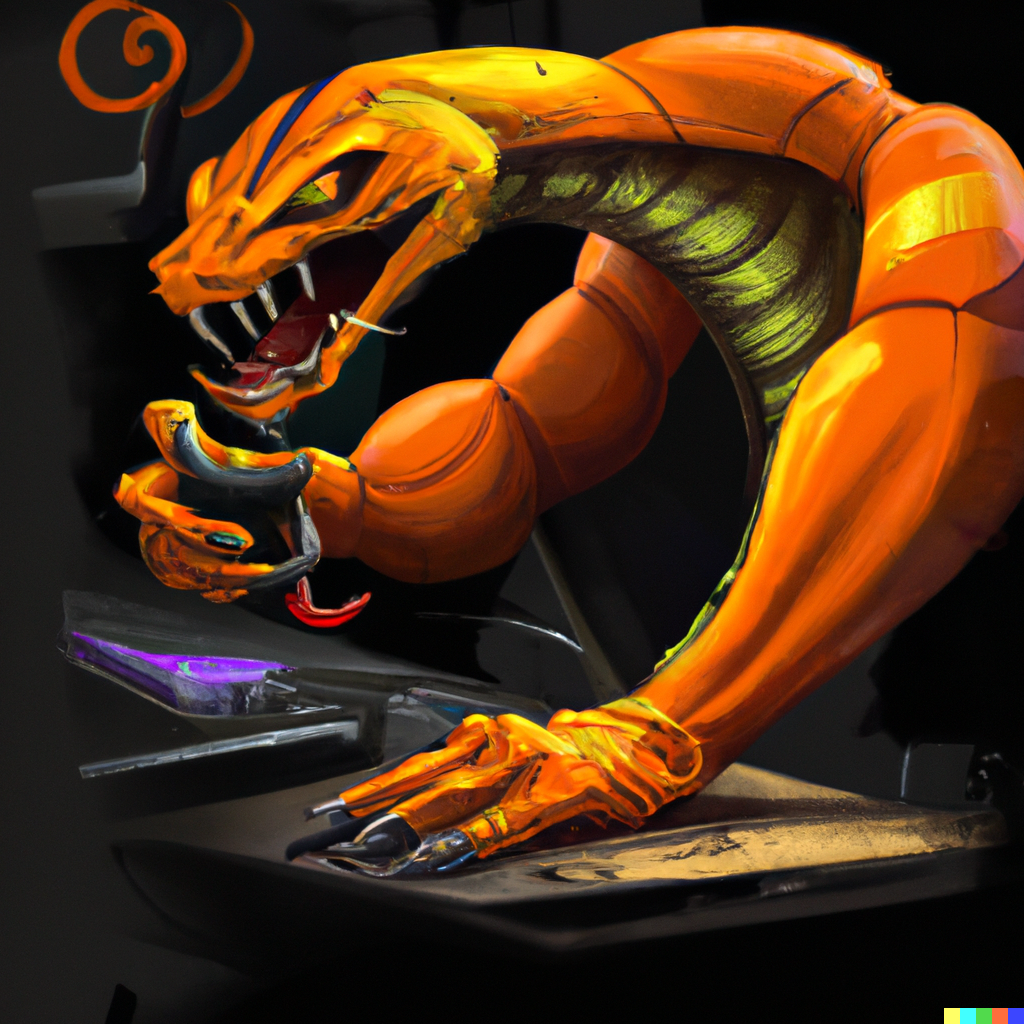 DALL·E 2022-06-20 23.22.50 - a evil orange kobra, in a tech lab, digital art.png