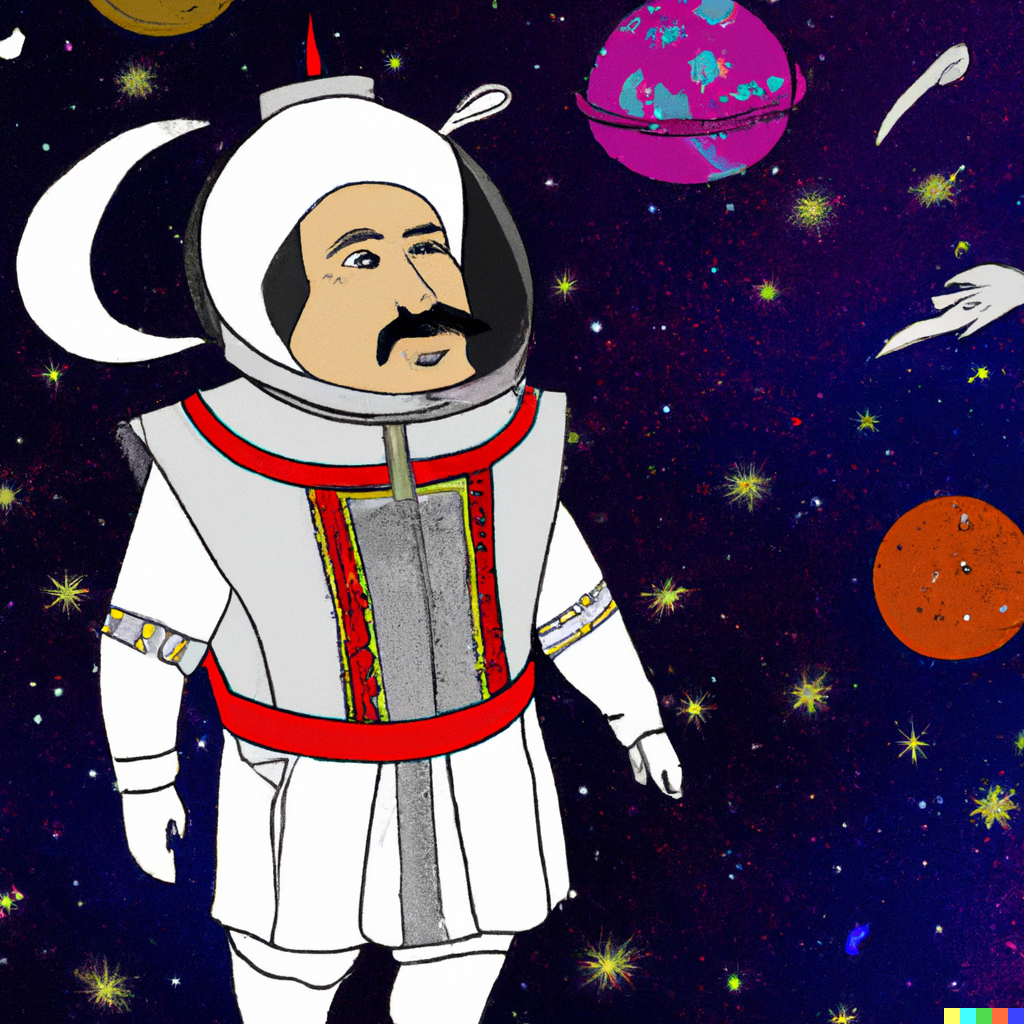 DALL·E 2022-07-23 02.16.55 - A sultan with the solar system behind him and wandering in space ...png