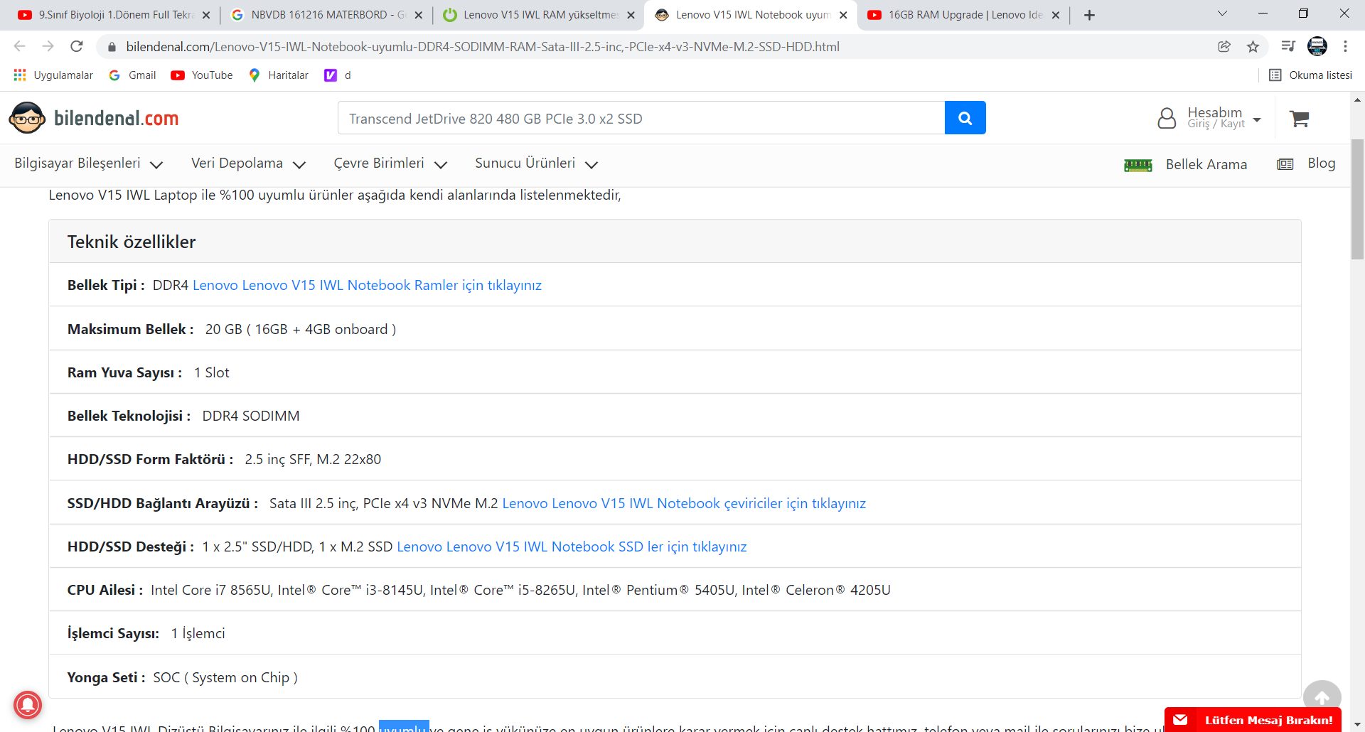 Lenovo V15 IWL Notebook uyumlu DDR4 SODIMM RAM, Sata III 2.5... - Google Chrome 26.01.2022 19_...png