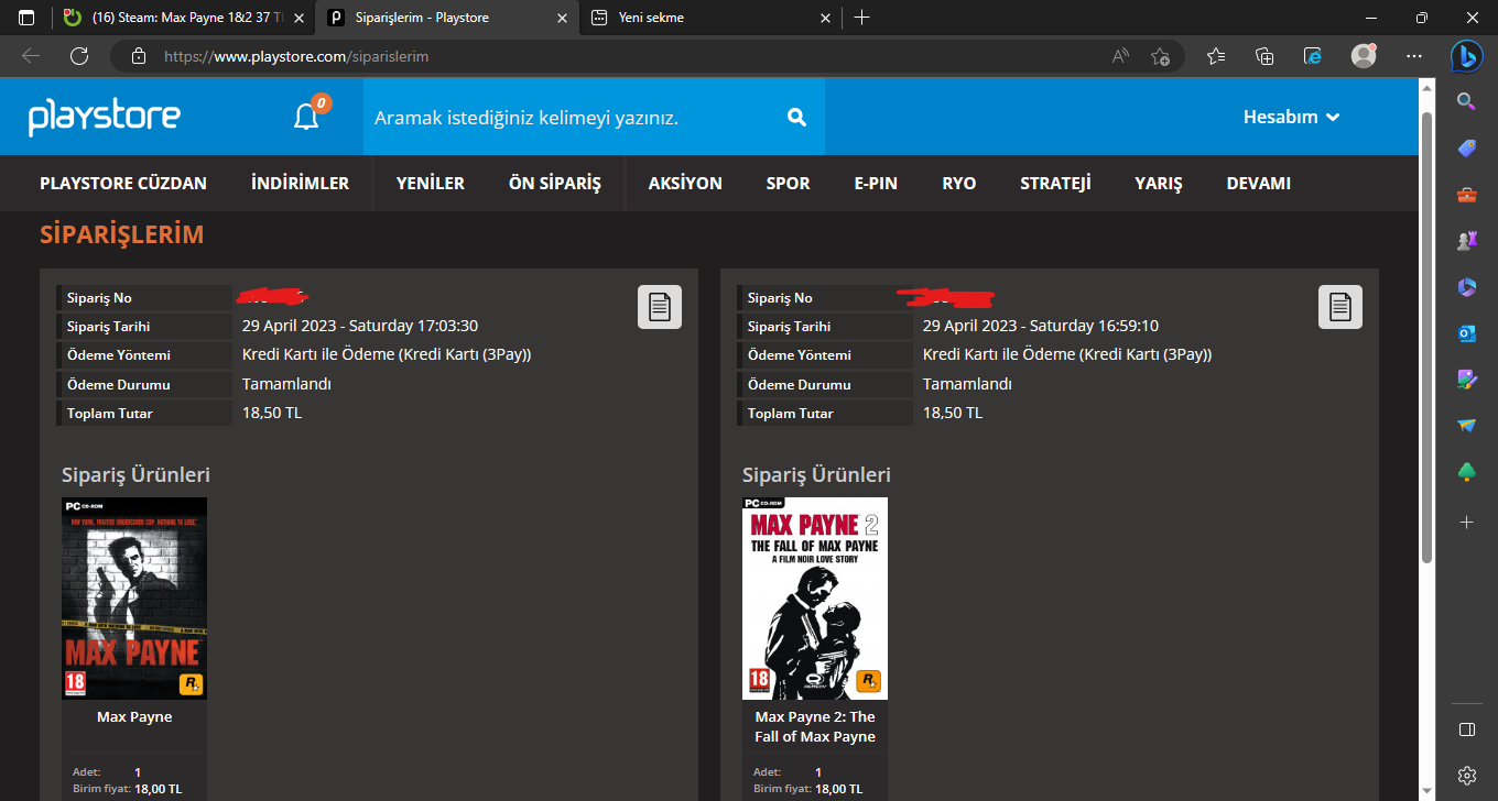 Siparişlerim - Playstore ve diğer 2 sayfa - Profil 1 - Microsoft​ Edge 29.04.2023 17_07_15.png