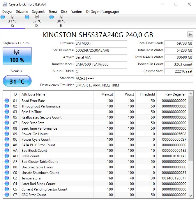 SSD Crystal Disk İnfo  Kingston HyperX Savage Serisi 240GB .jpg