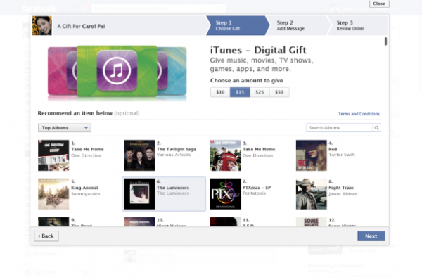 Facebook kullanıcıları iTunes üzerinden sevdiklerine hediyeler yollayabilecek.