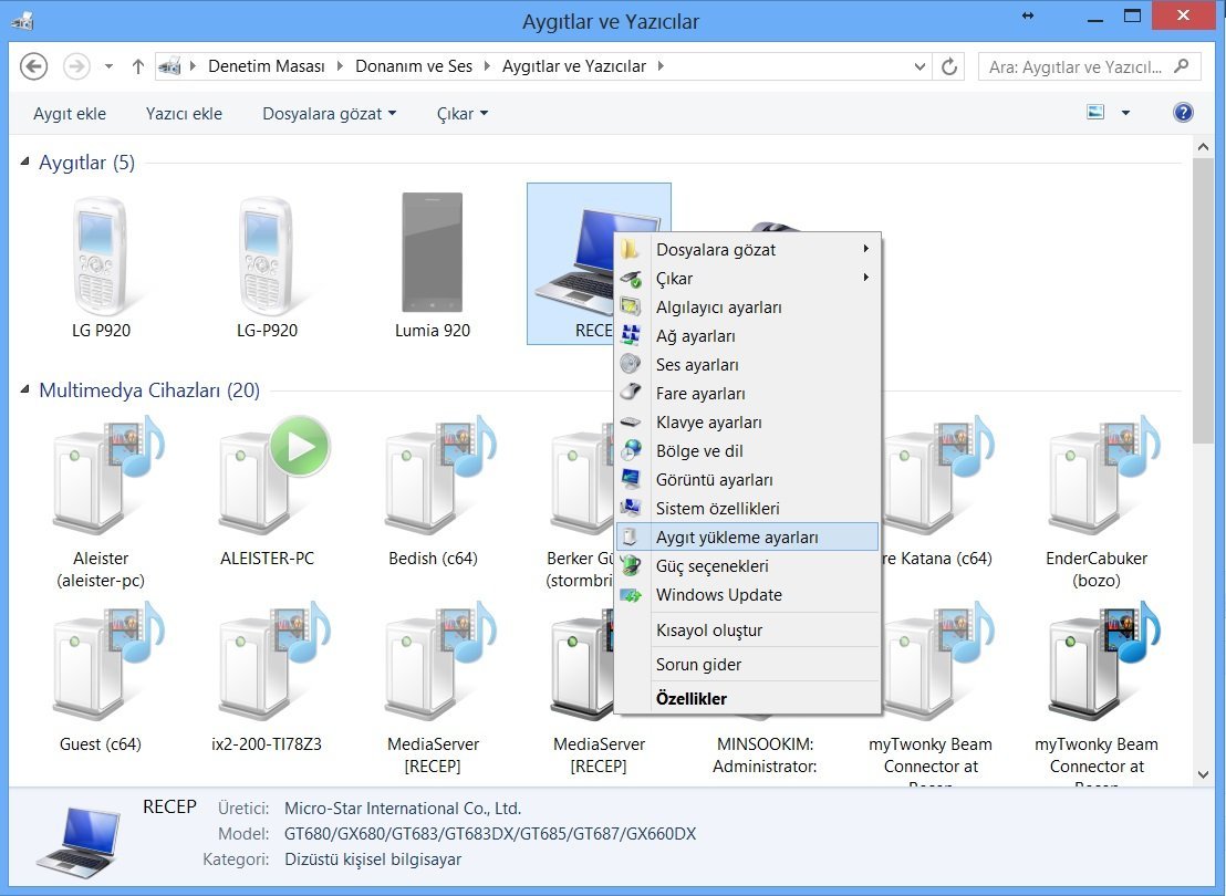 Windows 8 Aygıtlar ve Yazıcılar