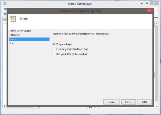 Windows 8 Görev zamanlayıcı eylem