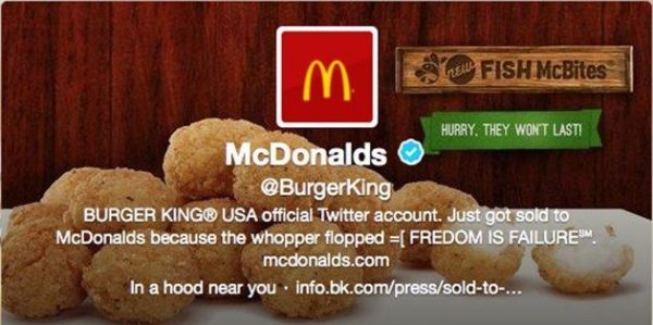 Burger King'in Twitter hesabını hackleyen kullanıcı "Firma Whopper tutmadığı için McDonald's'a satıldı" yazdı.