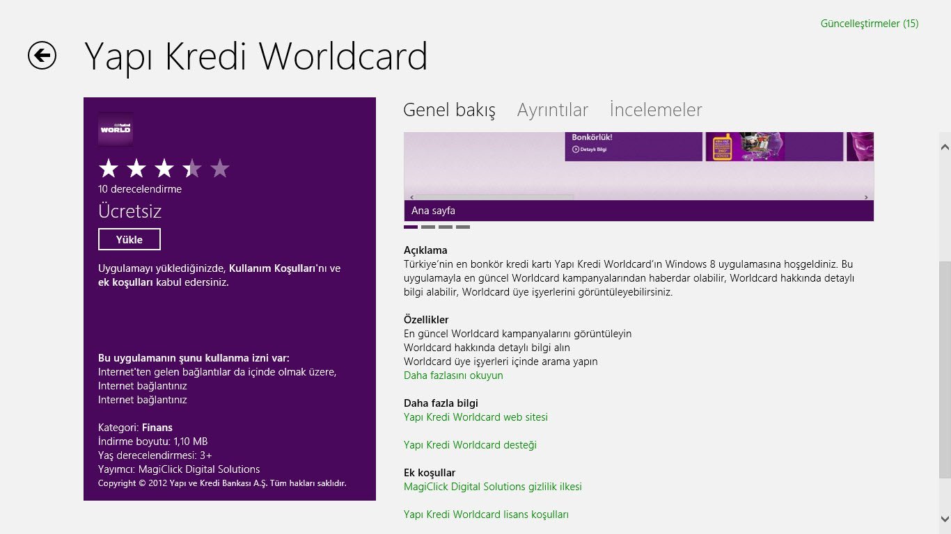 Yapı Kredi Bankası Windows 8 Worldcard Uygulaması
