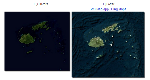 Bing Maps'in yeni güncellemesiyle birlikte Fiji'nin önceki ve sonraki halinin görünümü.