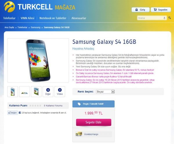Samsung Galaxy S4 Türkiye'de Satışa Çıktı