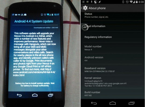 Nexus 4 kullanıcıları yavaş yavaş KitKat güncellemesini indiriyor.