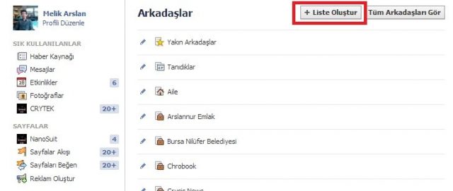 Arkadaş listesi oluşturma 2