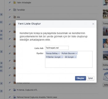 Facebook arkadaş listesi oluşturma ekranı