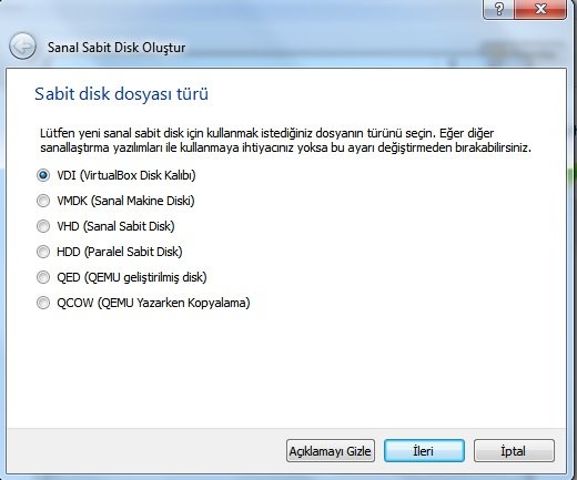virtual box sabit disk dosya türü