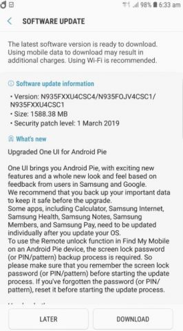 Samsung Galaxy Note FE Android Pie güncellemesi