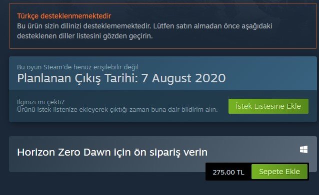 Horizon Zero Dawn Steam fiyatı 
