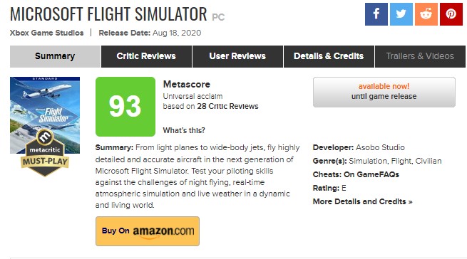 Microsoft Flight Simulator 2020 inceleme puanları