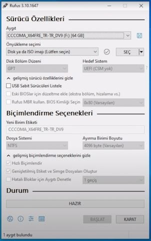 UEFI Windows 10 USB Hazırlama Aracı Rufus