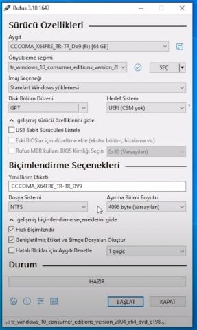 Rufus NTFS Dosya Sistemi
