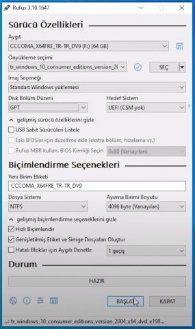 Rufus Windows 10 USB Hazırlama