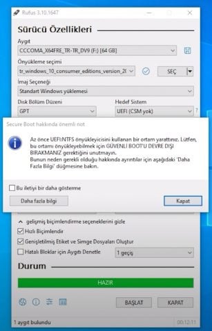 Rufus UEFI Windows 10 Secure Boot Uyarısı