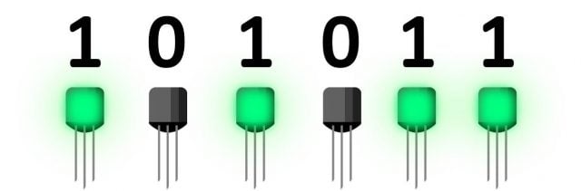 0 ve 1'lerin, transistörler ve elektrik ile görselleştirilmesi.