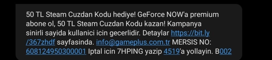 GeForce Now Steam Cüzdan Kodu SMS