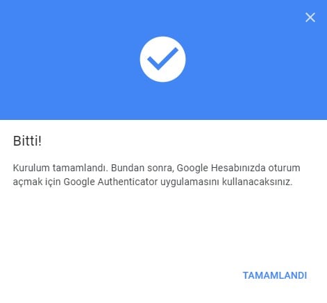 Google Authenticator aktif edildi mesajı