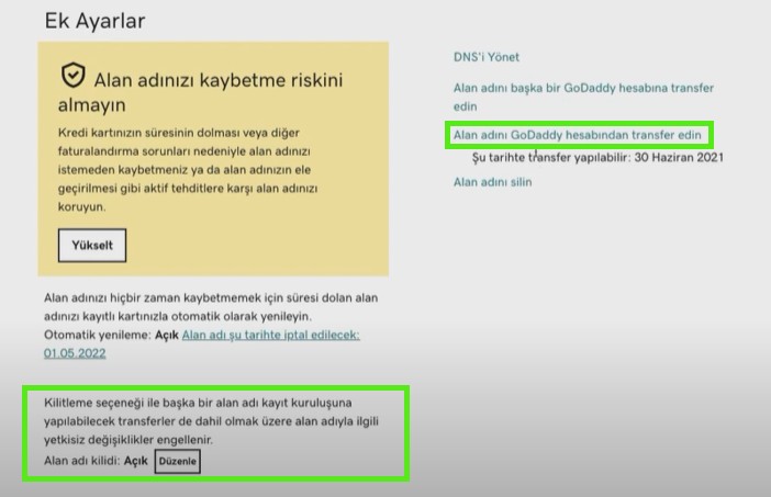 GoDaddy Alan Adı Transfer Kilidini Açma