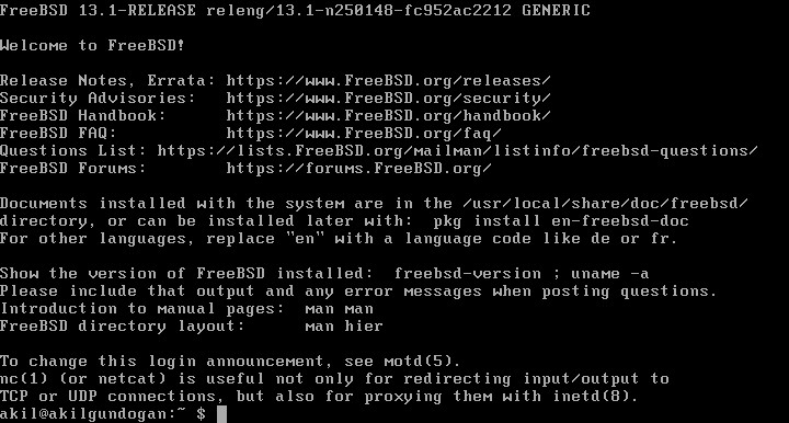 FreeBSD ilk açılış, CLI ekran