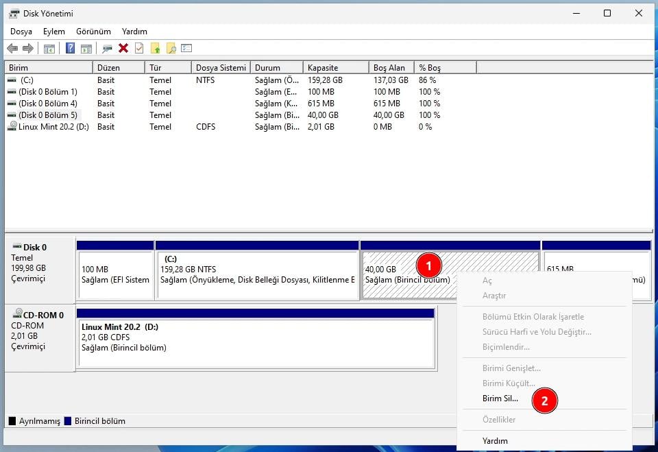 Disk Yöneticisinden Linux'un Olduğu Diski Silme