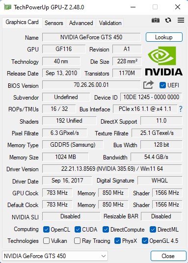 GTS 450 GPU-Z