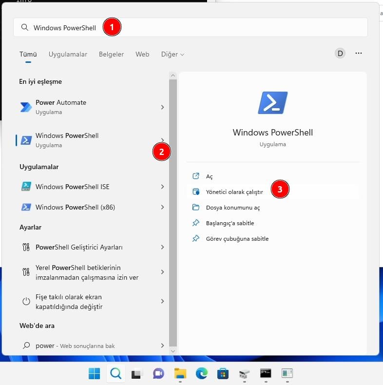 PowerShell'İ Yönetici Olarak Açma