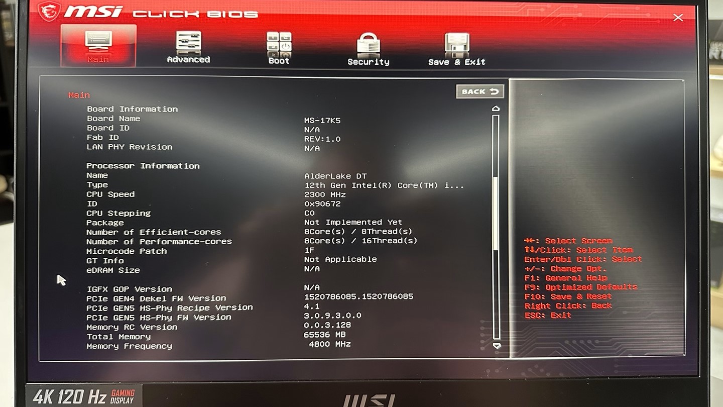 MSI GE77HX BIOS Main Sekmesi Detay 1