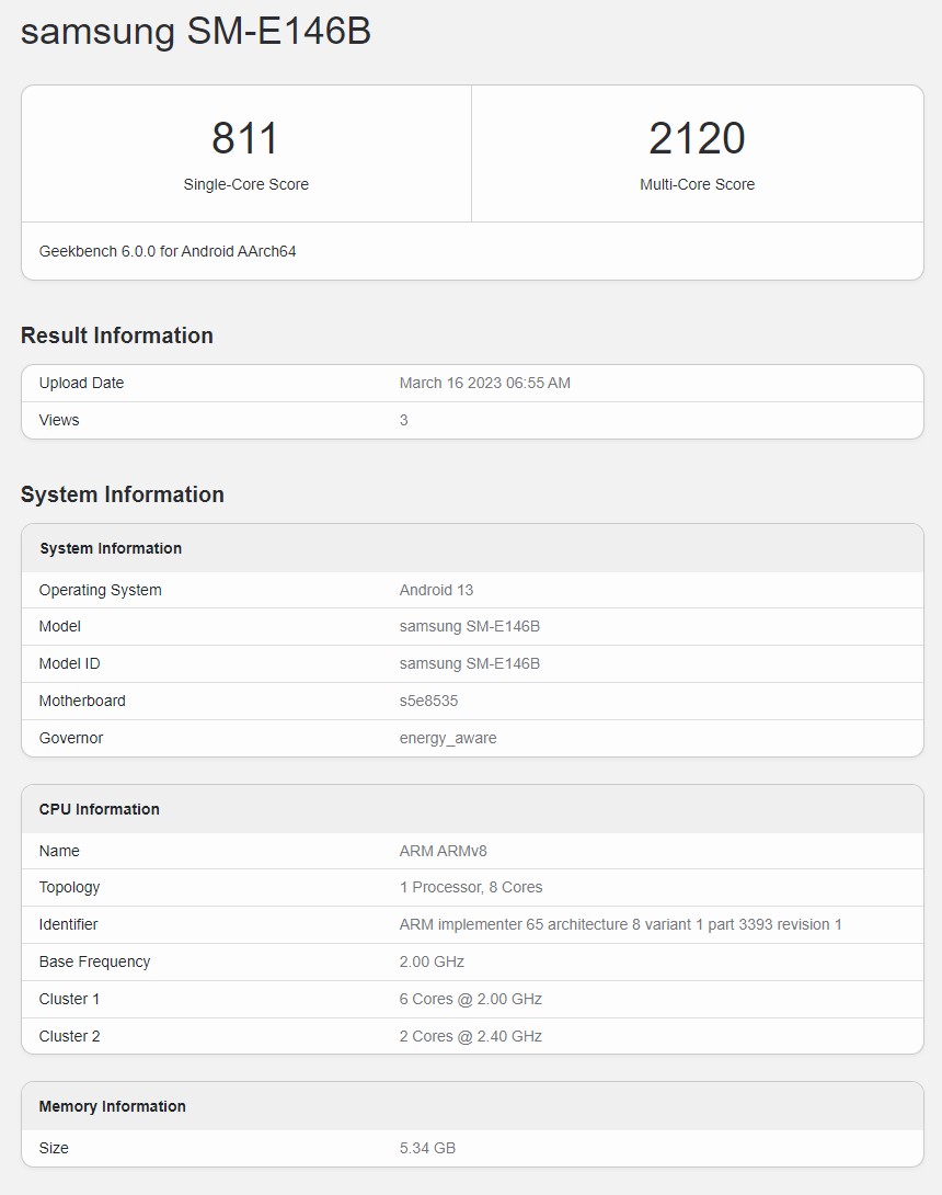 Samsung Galaxy F14 Geekbench