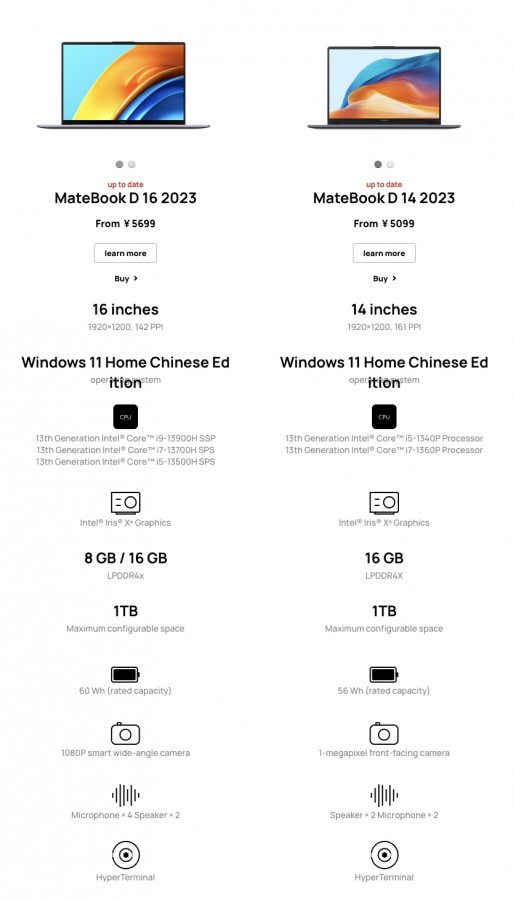 Huawei MateBook D14 2023 ve D16 2023 Özellikleri