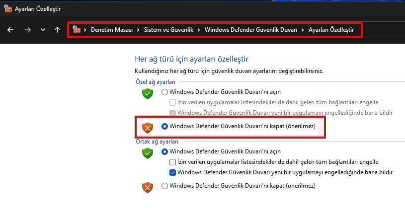 Windows Güvenlik Duvarını Kapatmak