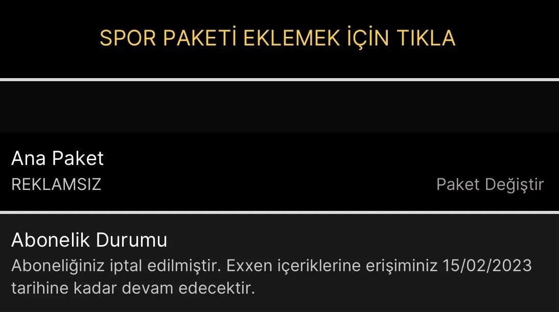Exxen aboneliğinin sona erdiğini bildiren mesaj.